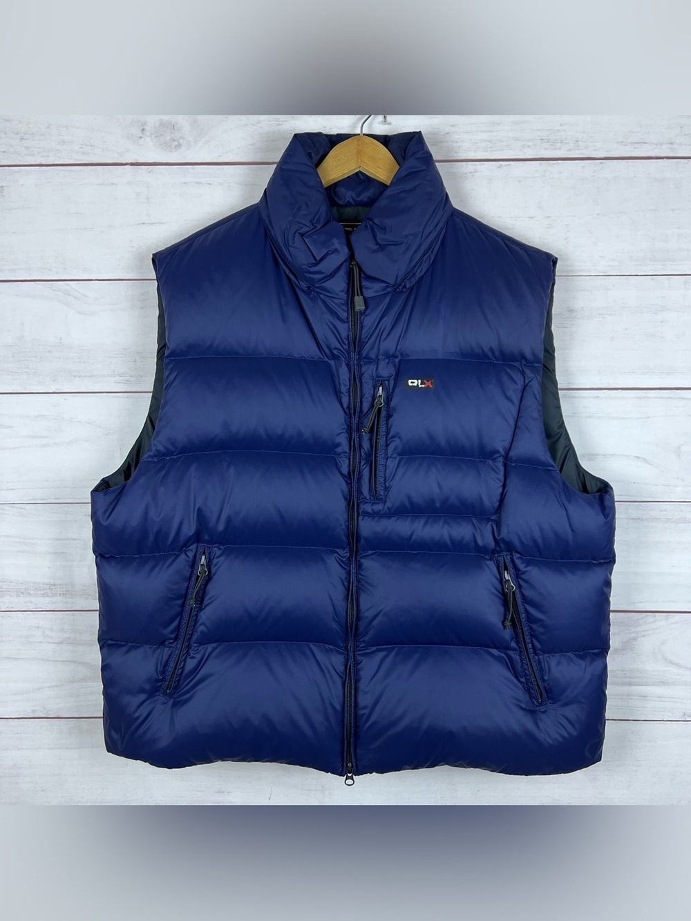 RLX Ralph Lauren Vest Mens 2XL Navy Waterfowl Down Puffer Hooded Performance